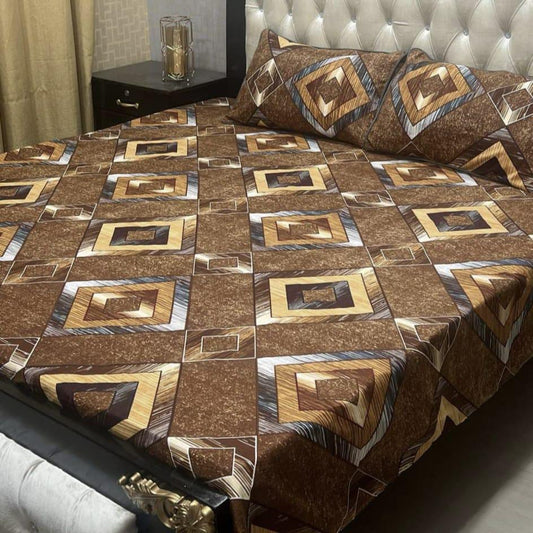 3 Pcs Crystal Cotton Printed Double Bedsheet (Brown)