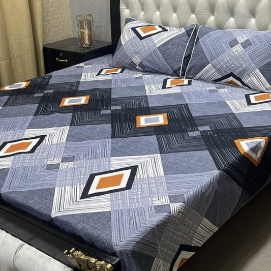 3 Pcs Crystal Cotton Printed Double Bedsheet (Grey Design)