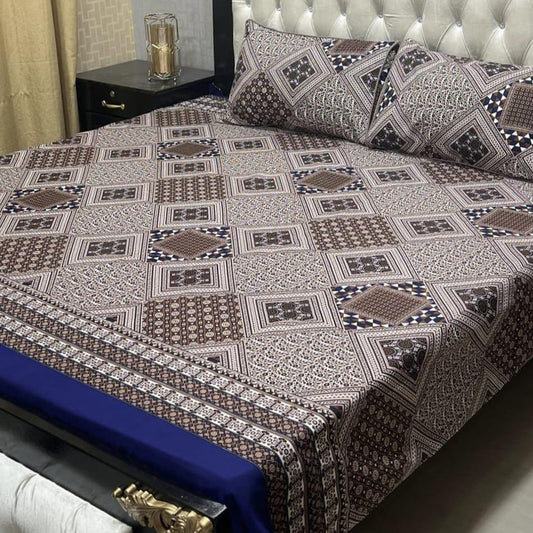 3 Pcs Crystal Cotton Printed Double Bedsheet (Brown,Grey)