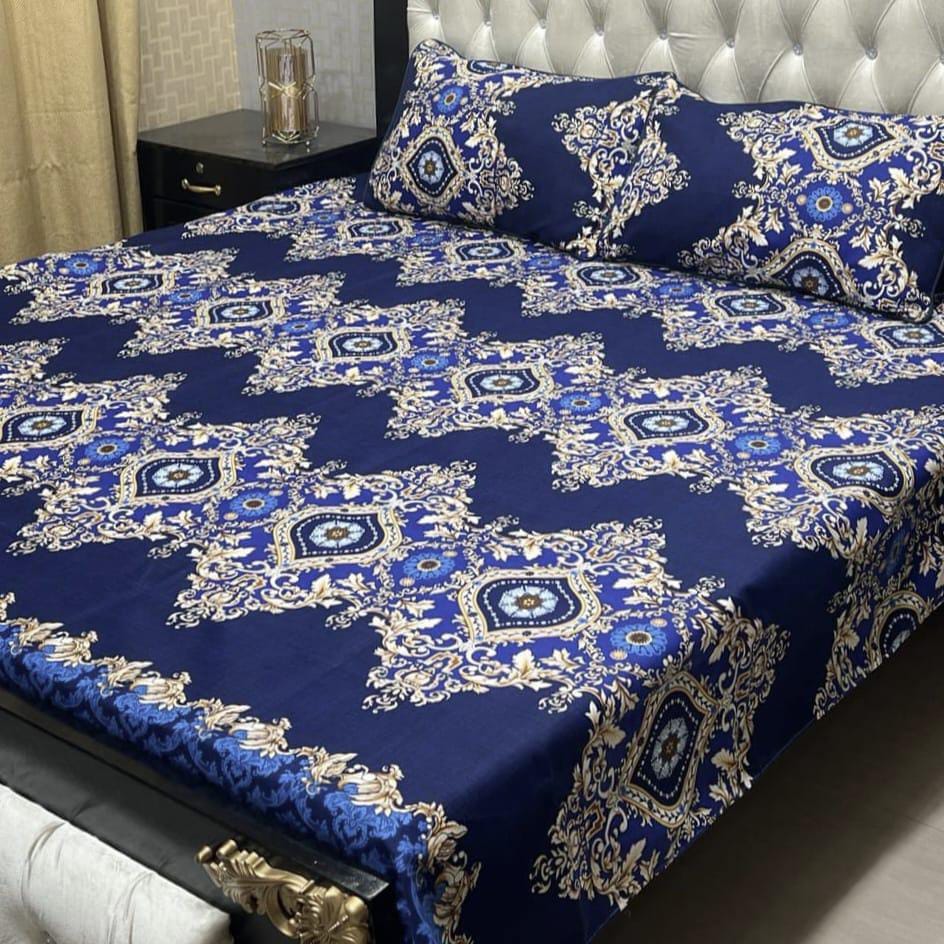 3 Pcs Crystal Cotton Printed Double Bedsheet (Blue,Design)