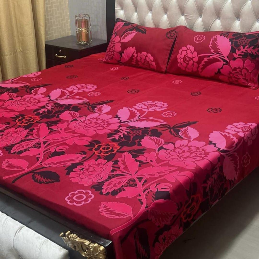 3 Pcs Crystal Cotton Printed Double Bedsheet (Red,Flowers Design)