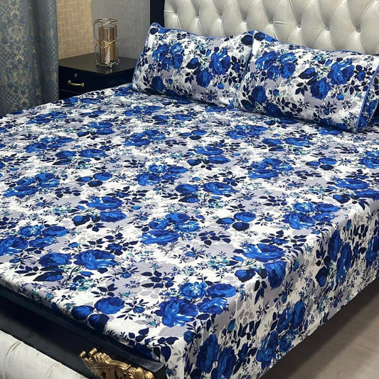 3 Pcs Crystal Cotton Printed Double Bedsheet (Blue,White Design)