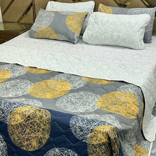 6 Pcs Cotton Printed Comforter Set for King Size Bed (White & Grey)