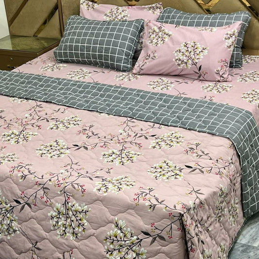 6 Pcs Cotton Printed Comforter Set for King Size Bed (Pink & Black)