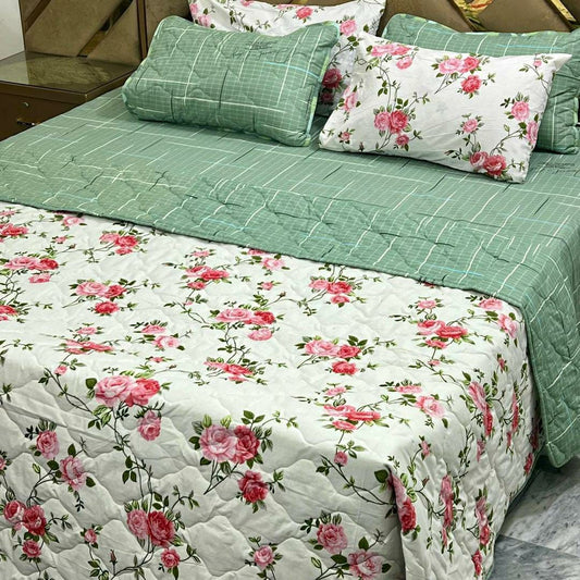 6 Pcs Cotton Printed Comforter Set for King Size Bed (Green & White)