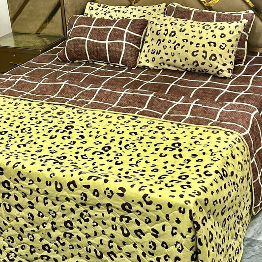 6 Pcs Cotton Printed Comforter Set for King Size Bed (Brown , Yellow , Black)