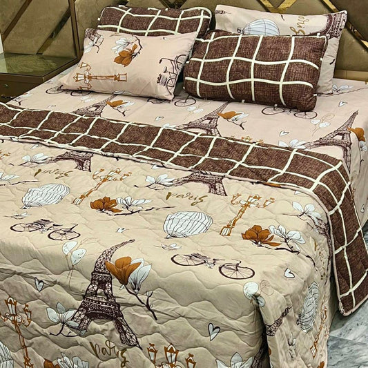 6 Pcs Cotton Printed Comforter Set for King Size Bed (Beige & Brown)