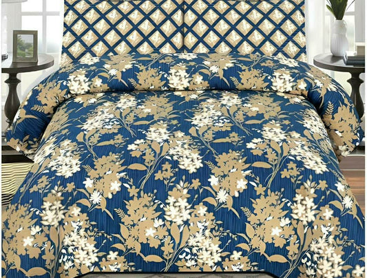 Blue Printed Poly Cotton Comforter Set - 6 Pcs for King Bed