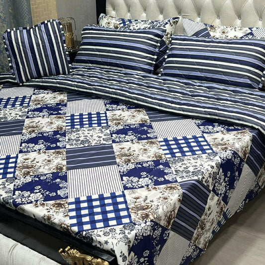 Luxurious 7-Piece Printed Cotton Comforter Set for Double Bed in (Blue Design)