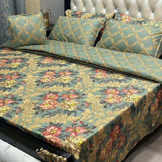 7 Pcs Double Bed Comforter Set - Printed Cotton Mix in (Green,Golden)