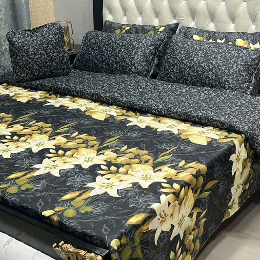 7 Pcs Printed Cotton Mix Comforter Set for Double Bed (Black,Golden)