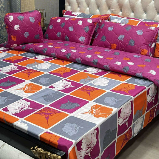 Luxurious 7 Pcs Printed Cotton Mix Comforter Set for Double Bed (Pink Design)