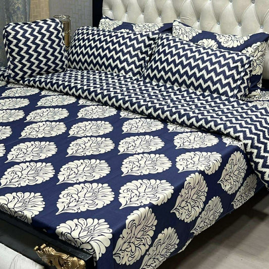 Cozy Double Bed Comforter Set - 7 Pcs Cotton Printed (Blue,White Design)