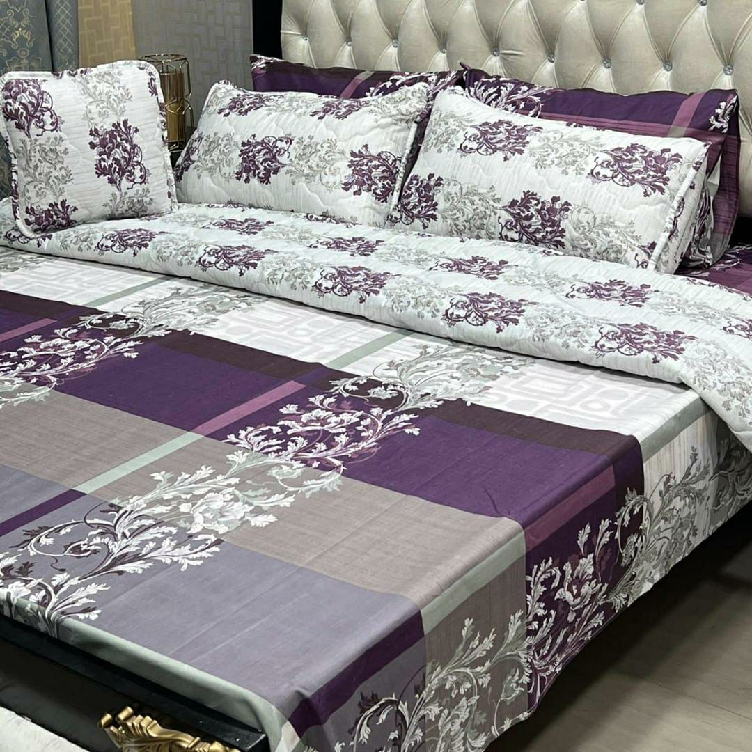 7-Piece Printed Cotton Mix Comforter Set for Double Beds (Purple,White)