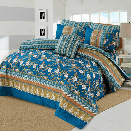 7 Pcs Cotton Printed Comforter Set (Light Blue)