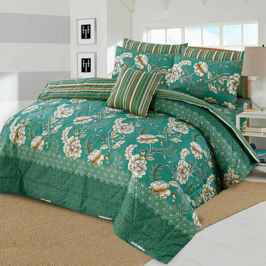 7 Pcs Cotton Printed Comforter Set (Green,Design)