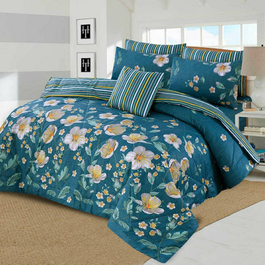 7 Pcs Cotton Printed Comforter Set (Blue Flowers Design)