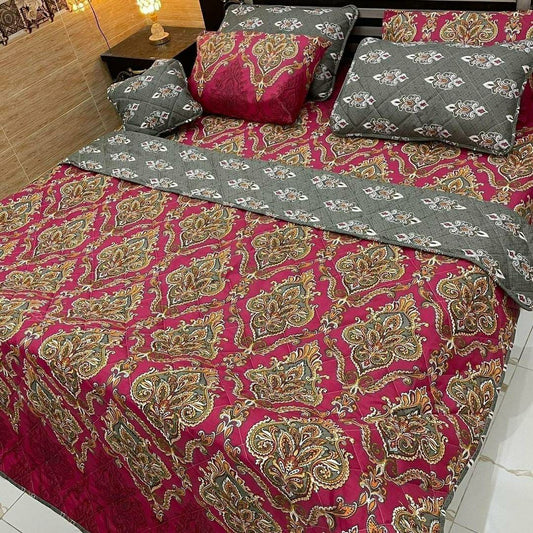 7 Pcs Cotton Salonica Printed Comforter Set (Red,Golden)