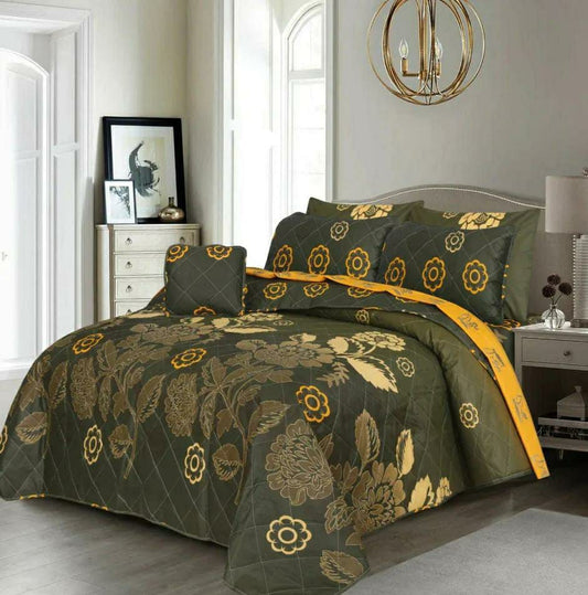 7 Pcs Cotton Salonica Printed Comforter Set (Green,Golden Design)