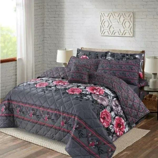 7 Pcs Cotton Salonica Printed Comforter Set (Grey & Flowers Design)