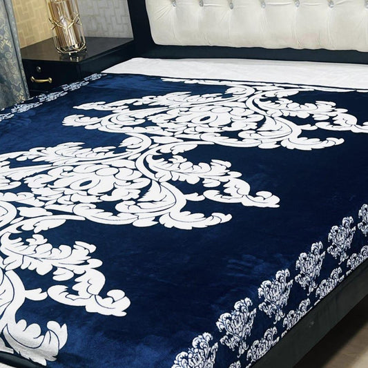 Fleece Printed Double Bed Blanket (Blue,White)