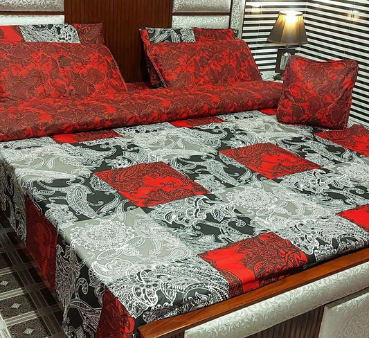 7 Pcs Cotton Salonica Printed Comforter Set (Orange,Grey Design)