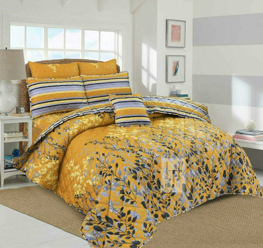 7 Pcs Double Bed Cotton Printed Comforter Set (Yellow)