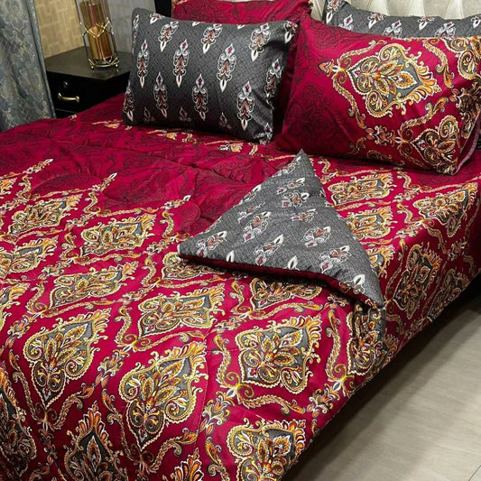 7 Pcs Mix Cotton Printed Comforter Set (Maroon,Golden)