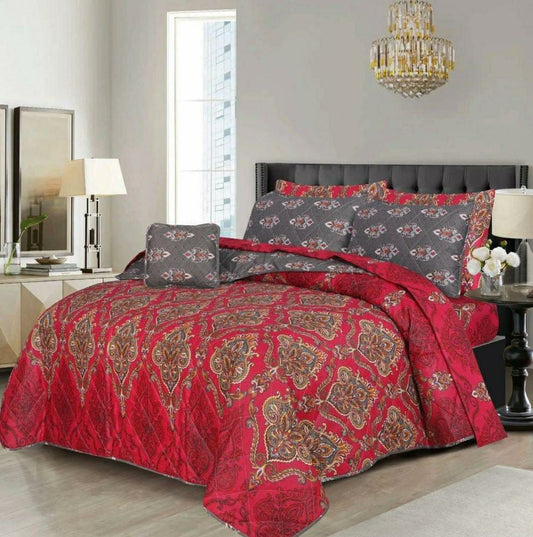 7 Pcs Mix Cotton Printed Comforter Set (Red,Grey)
