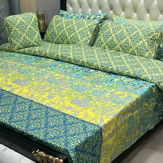 7 Pcs Cotton Salonica Printed Comforter Set (Green,Yellow)