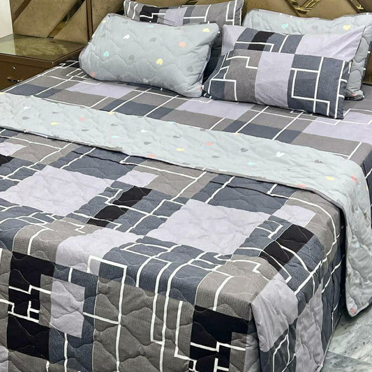 6 Pcs Cotton Printed Comforter Set (Grey Design)