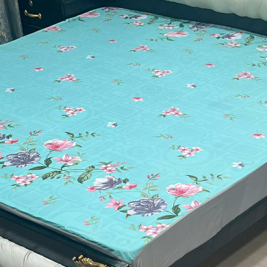 PU Printed Double Bed Mattress Cover (light Blue)