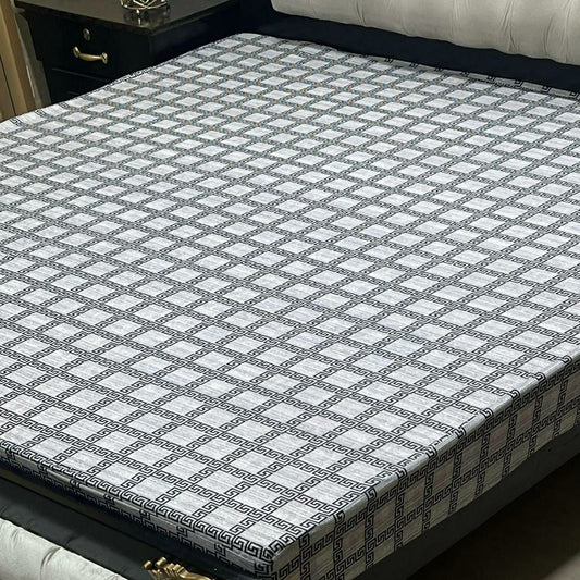 PU Printed Double Bed Mattress Cover (White,Grey)