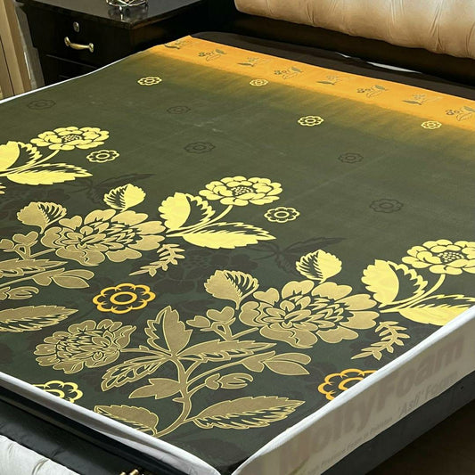 PU Printed Double Bed Mattress Cover (Green,Golden)
