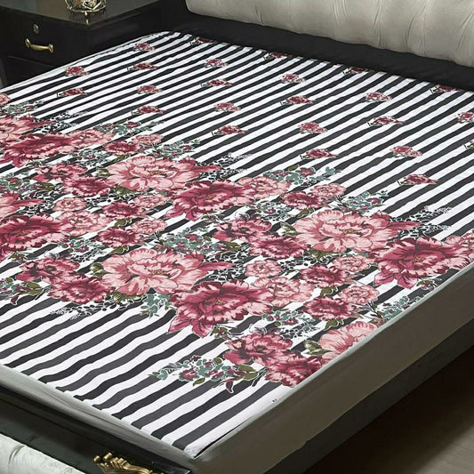 PU Printed Double Bed Mattress Cover (White,Pink)