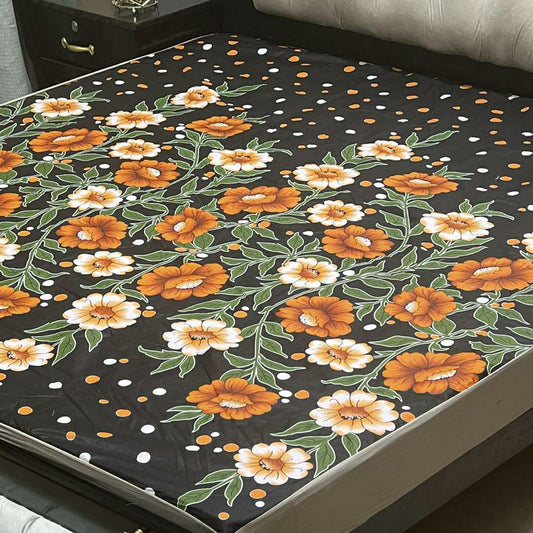 PU Printed Double Bed Mattress Cover (Black & Flowers)