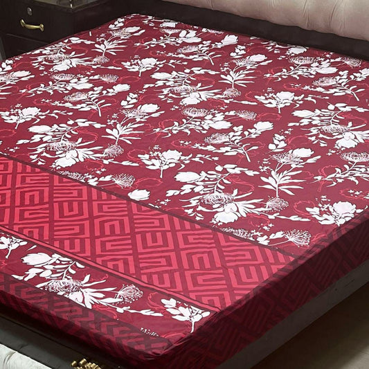 PU Printed Double Bed Mattress Cover (Red & Flowers)