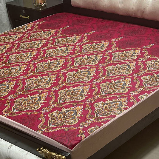 PU Printed Double Bed Mattress Cover (Red,Golden)