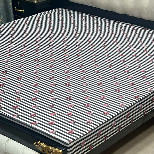 PU Printed Double Bed Mattress Cover (White,Black)