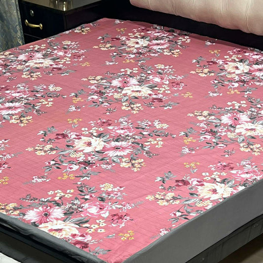 PU Printed Double Bed Mattress Cover (Pink)