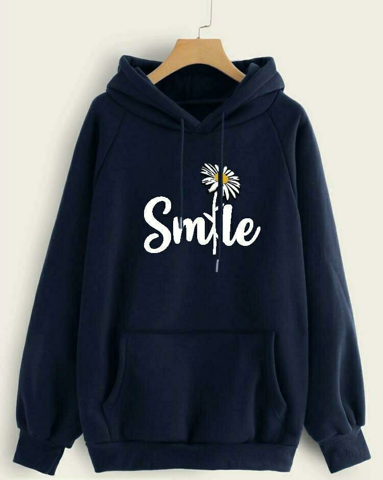 1 Pc Women's Stitched Cotton Printed Hoodie (Navy blue)