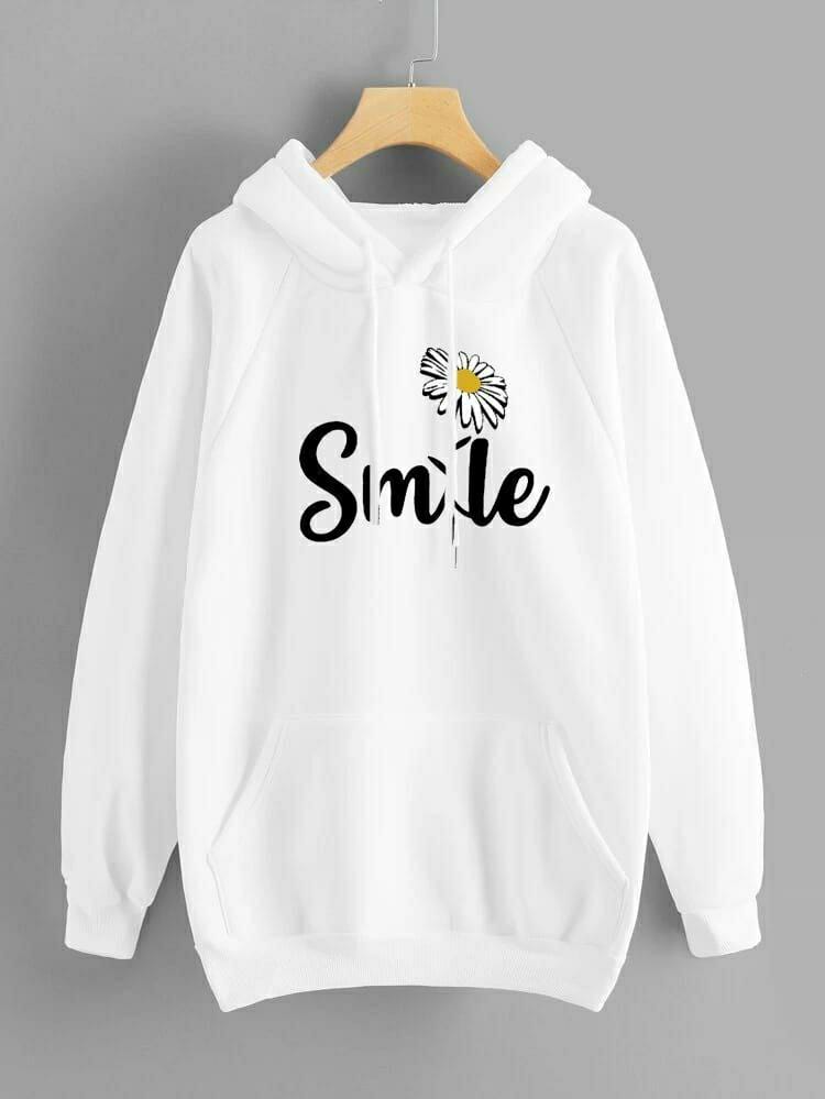 1 Pc Women's Stitched Cotton Printed Hoodie (Pure White)