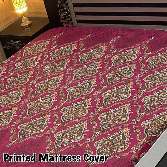 Waterproof Terry Cotton King Size Mattress Cover - 1 Pc Printed Design (Maroon)