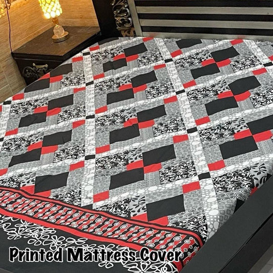Waterproof Terry Cotton King Size Mattress Cover - 1 Pc Printed Design (Grey,Black)