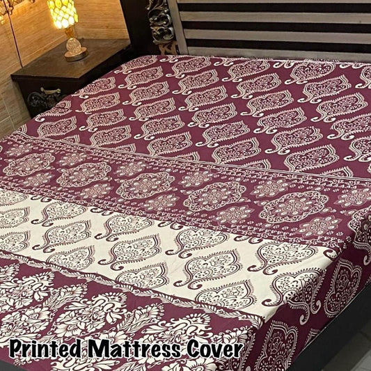 Waterproof Terry Cotton King Size Mattress Cover - 1 Pc Printed Design (Maroon)