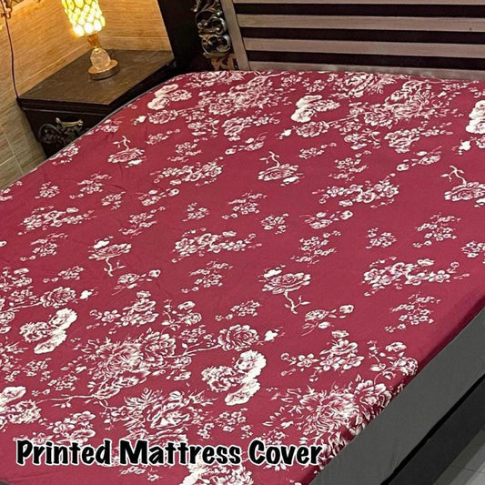Waterproof Terry Cotton King Size Mattress Cover - 1 Pc Printed Design (Maroon)
