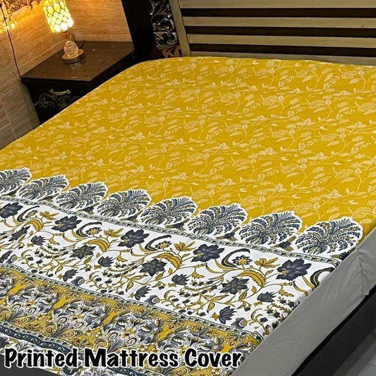 Waterproof Terry Cotton King Size Mattress Cover - 1 Pc Printed Design (Yellow)