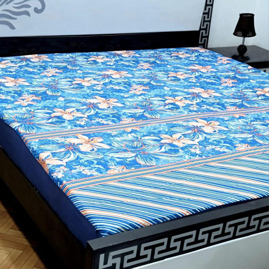 Cotton Printed Double Bed Mattress Cover (Blue)