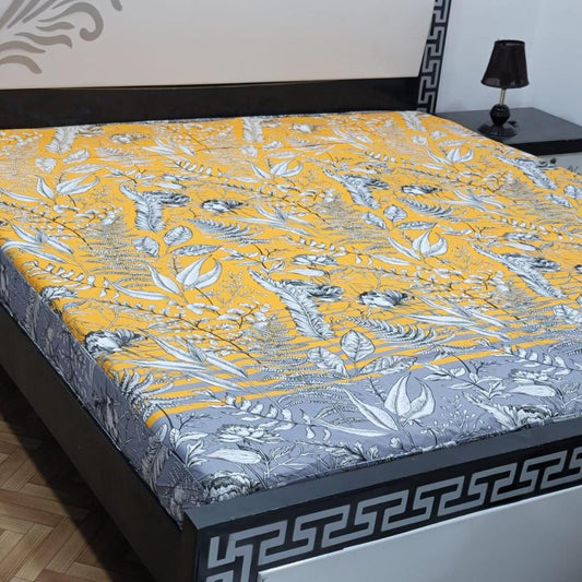 Cotton Printed Double Bed Mattress Cover (Yellow)