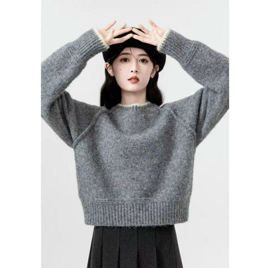 1 Pc Women's Stylish Plain Lazy Round Neck Inner Wear Knitted Sweater (Grey)